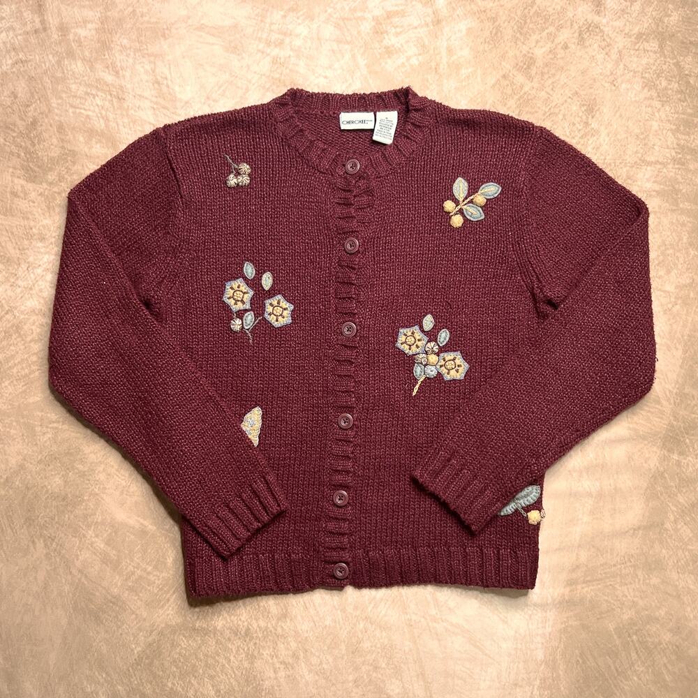 Vintage 90s Floral Embroidered Sweater Cardigan Knit Cabincore Earthy Autumn
